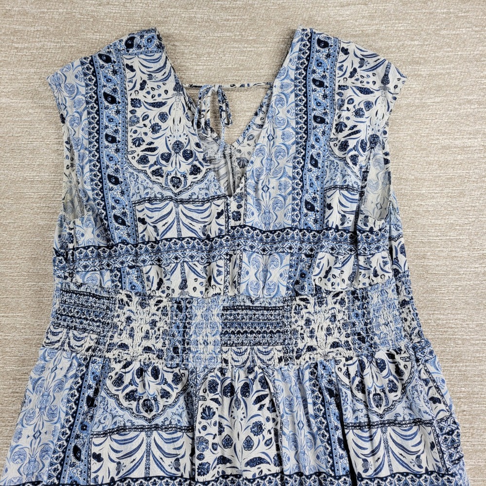 Old Navy Dress 2X Blue White V Neck V Back Tie Smocked Waist Boho Summer Beach - Picture 12 of 14
